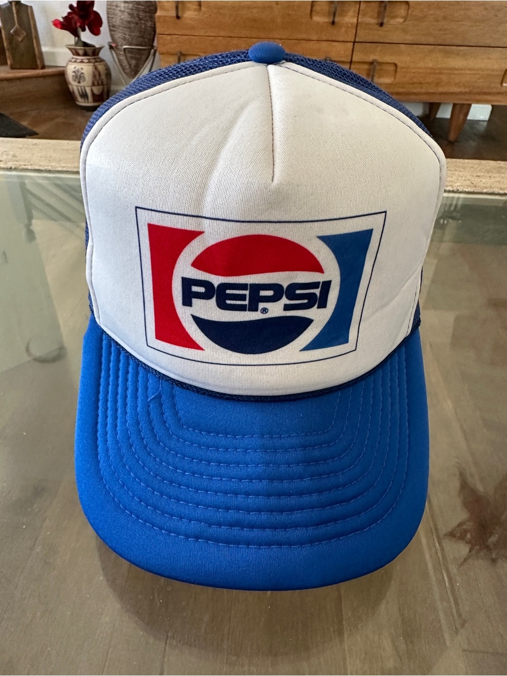Pepsi White Front Blue Bill Trucker Hat with Red, Blue Logo